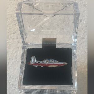 Vintage airplane lapel pin red white blue silver tone brooch tie tack hat pilot